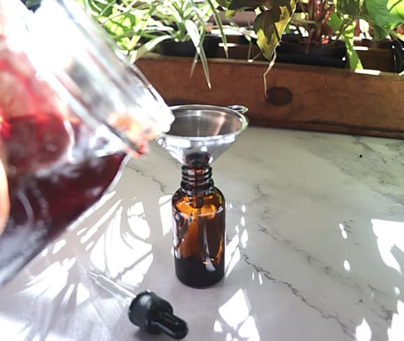 Elderberry Tincture image showing completed elderberry tincture being decanted into an amber colored dropper bottle