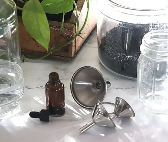 Elderberry Tincture image showing supplies and equipment needed to make elderberry tinctures (dropper bottle, 3 small stainless steel funnels, jar, elderberries all resting on marble board with wooden planter in the background