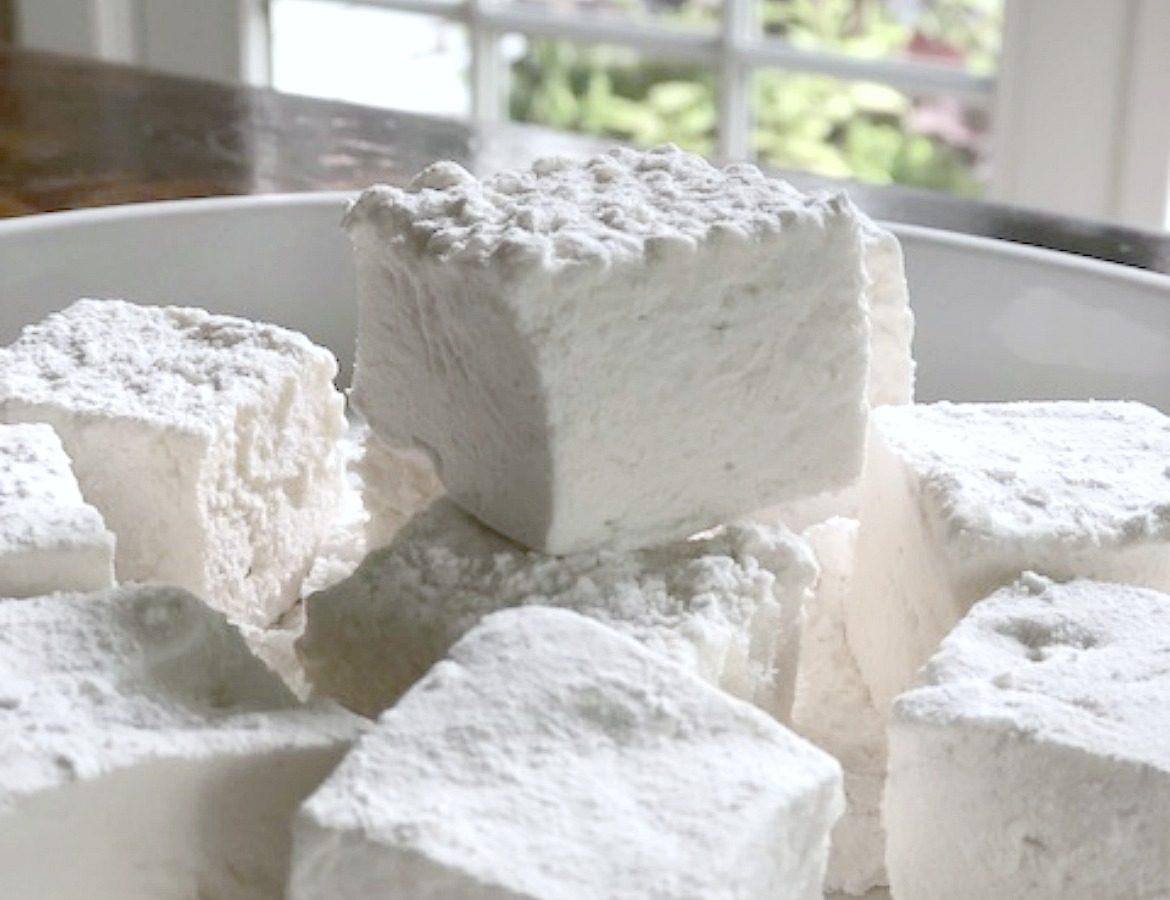 Homemade Marshmallows closeup picture of completed, cut marshmallows