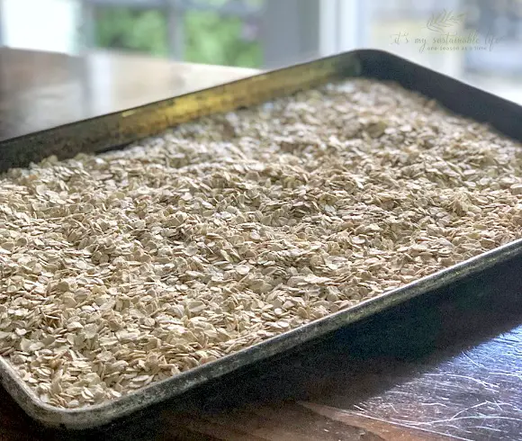 Homemade Healthy Granola pan of oats ready to be toasted