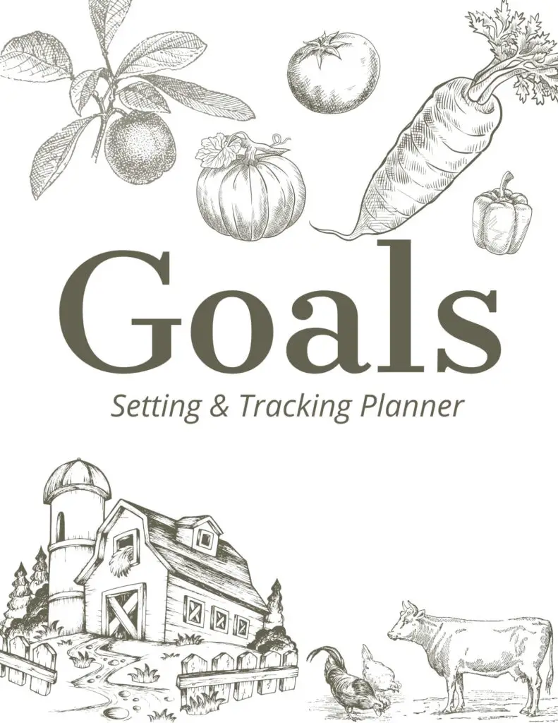 Homestead Goal Setting And Tracker Planner Cover Sheet with drawn elements lining the top and bottom of the page showing vegetables, plants, barn, chickens, and cow