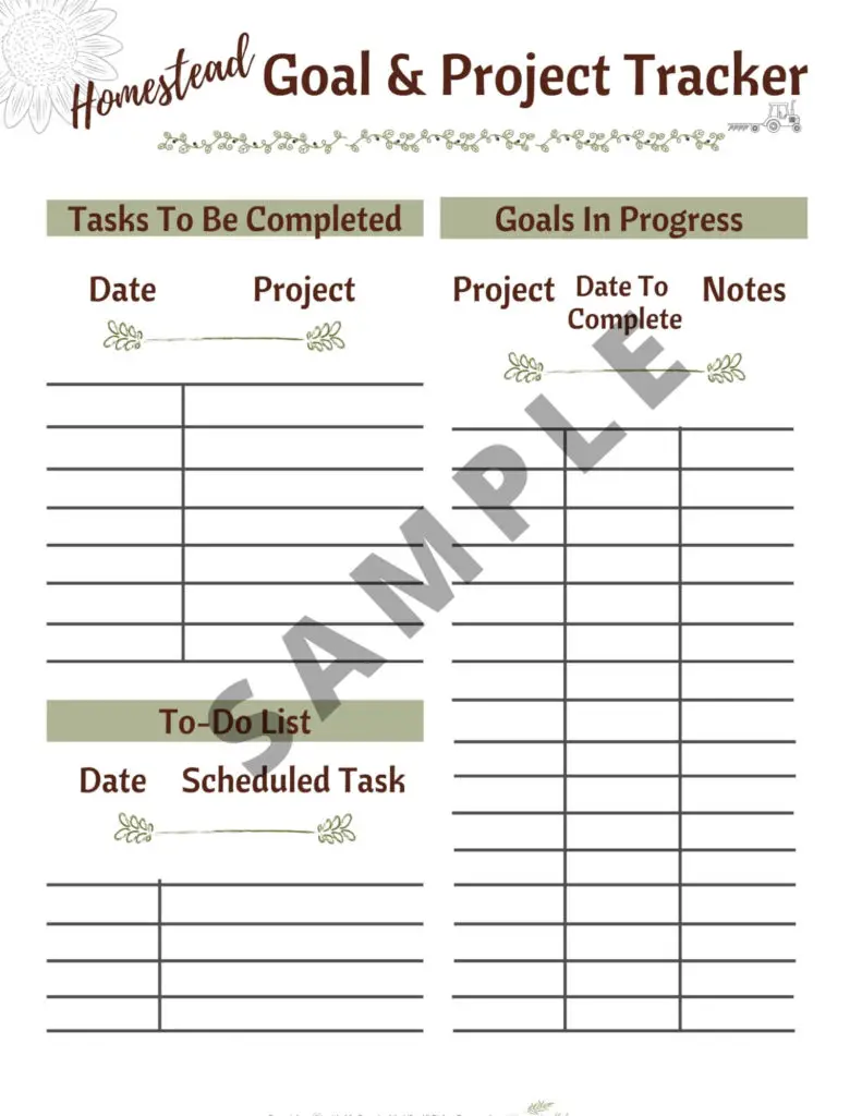 Goal and project tracker printable worksheet listing date, project, notes and more