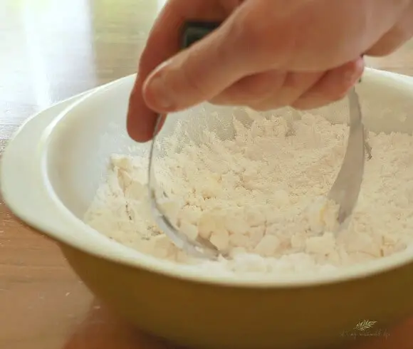 Easy Homemade Biscuits {The No Fuss Way} cutting cubed butter into dry mix with pastry cutter