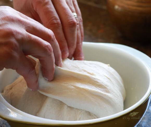 Homemade Hamburger Buns folding steps for dough in bowl