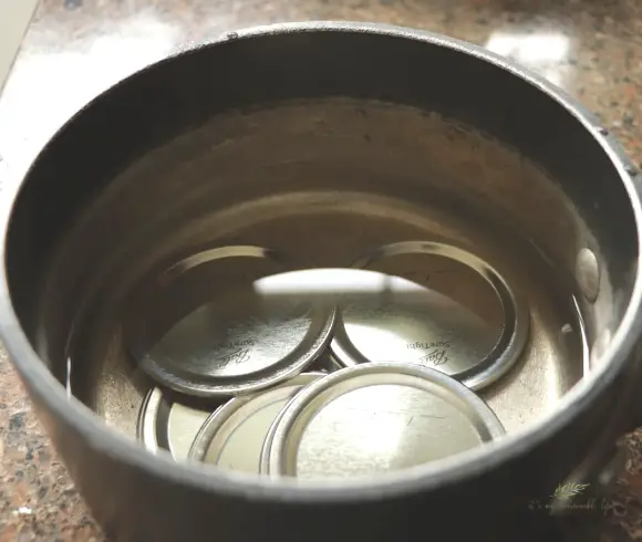 Red Raspberry Jam canning showing lids topside up in sauce pan