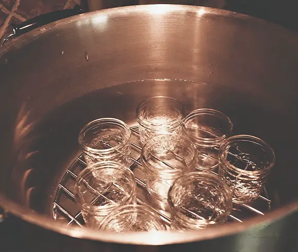 Red Raspberry Jam canning process showing jars submerged in water-bath canner for sterilizing