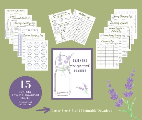 Canning Management Planner image showing 15 printable canning sheets for tracking and journaling all things canning related