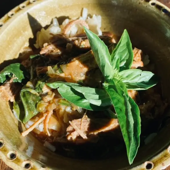 One Pot Thai Beef Curry with jasmine rice in beautiful green bowl with sprig of bright green basil on top