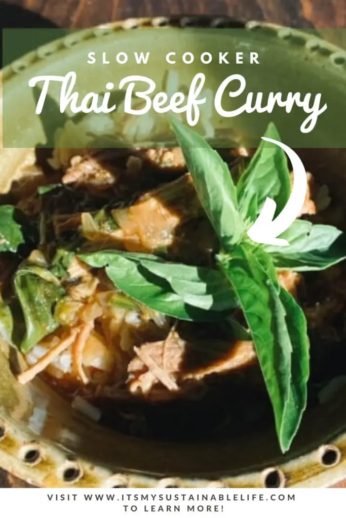 One Pot Thai Beef Curry with jasmine rice in beautiful green bowl with sprig of bright green basil on top with white writing on photo naming the dish, thai beef curry, pin made to use with Pinterest