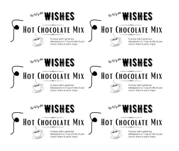 Easy Homemade Hot Chocolate Mix image of creative gift tags stating warm wishes hot chocolate mix in black and white lettering