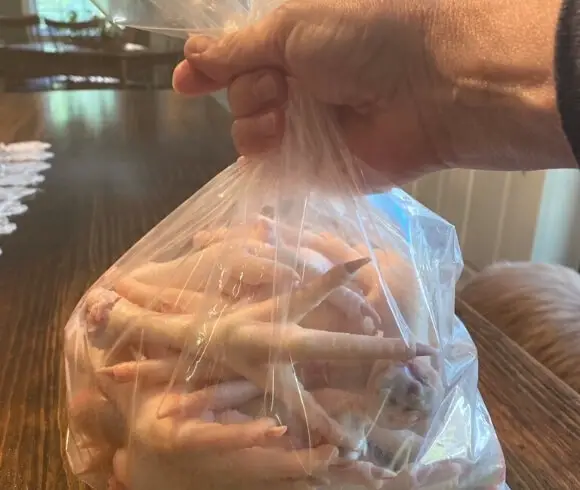 Preparing And Using Chicken Feet hand holding bag filled with peeled chicken feet ready to go into the freezer