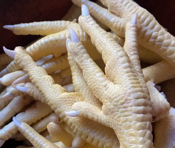 Preparing And Using Chicken Feet closeup image of unskinned chicken feet on top of one another