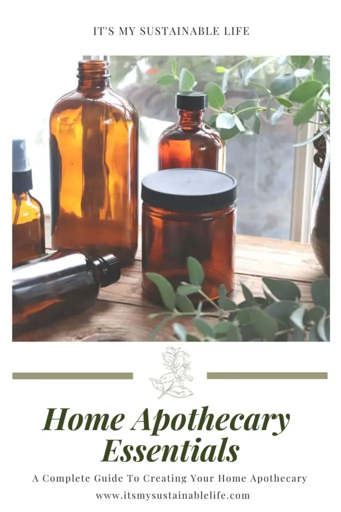 Home Apothecary Essentials pin made for Pinterest showing featured image of amber colored glass bottles on wooden board