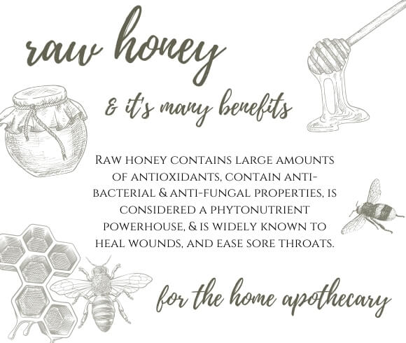 Home Apothecary Essentials image displaying all of raw honey's attributes