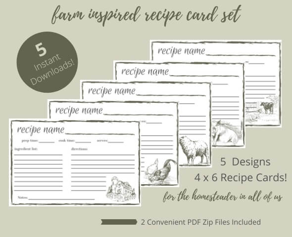 Homestead Farm Inspired Recipe Cards image showing all 5 recipe card options with a farmhouse theme