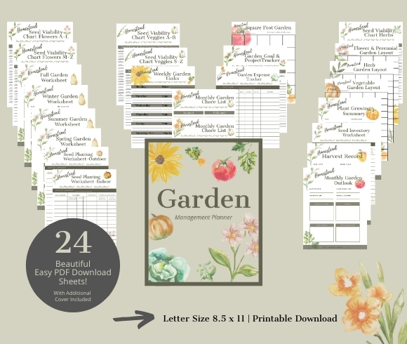 Garden Management Planner image displaying all 25 beautifully curated pages available to download 