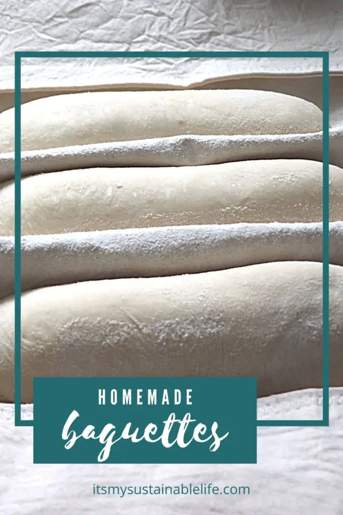 Homemde Baguettes pin made for Pinterest showing 3 rolls rising on a floured pastry cloth