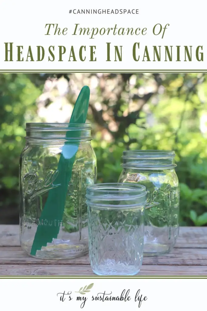 Headspace For Canning pin for Pinterest showing featured image of 3 empty mason jars with headspace measurement tool in quart size jar