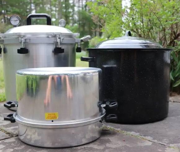 Foods That Are Safe To Can And Those That Aren't (Canning Safety Series} image showing 3 canning method pots, water bath canner, pressure canner, steam canner