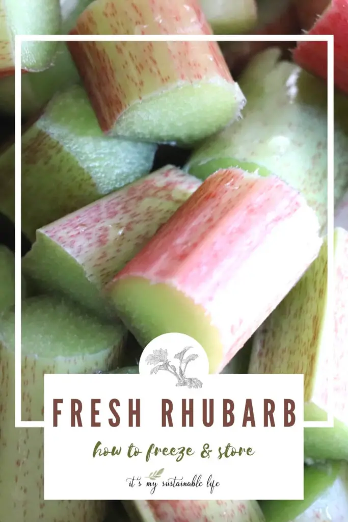 How To Freeze Rhubarb pin made for Pinterest image showing closeup view of cut rhubarb stalks