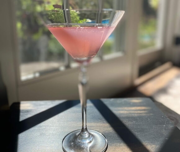 Rhubarb Juice Concentrate image showing blush pink rhubarb juice in martini glass