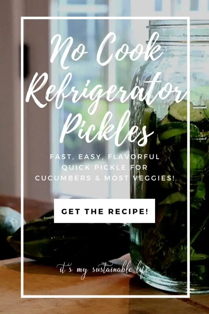 No Cook Refrigerator Pickles pin made for Pinterest showing featured image of large mason jar filled and prepared with cucumbers for recipe