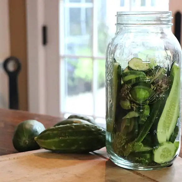 No Cook Refrigerator Pickles featured image showing mason jar with ingredients for making quick pickles, or refrigerator pickles, setting on a board along with a few fresh whole cucumbers