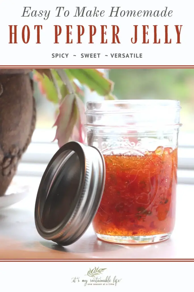 Homemade Hot Pepper Jelly pin made for Pinterest showing featured image of partially filled mason jar with red hot pepper jelly