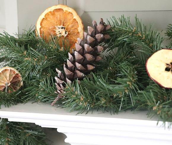 Making Dried Fruit Decorations image showing greenery with dried orange slice resting on it