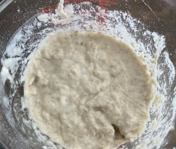 Reviving Refrigerated Sourdough Starter image showing top view of sourdough starter in bowl
