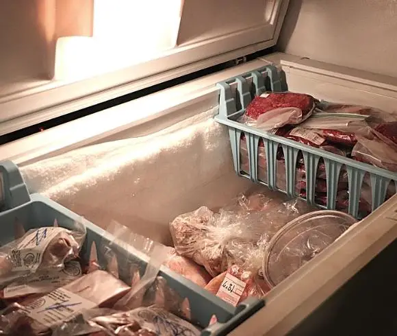 Pantry Inventory {Creating A Simple System That Saves Money} image showing open chest freezer filled with frozen meat items