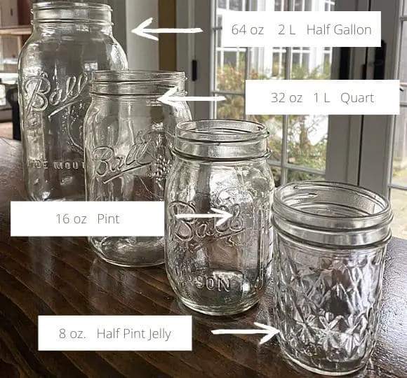 Mason Jar Sizes  image showing my Favorite canning jar sizes lined up with notation beside each jar of the size being shown Sizes 