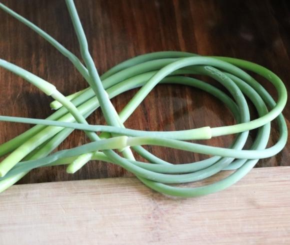 Garlic Scape Pesto Recipe image showing organized garlic scapes in a bundle laying on wooden boards