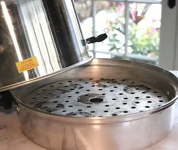 Steam Canning - A Complete Guide image showing steam canner with 3 pieces, domed steam canner lid, steam canner rack, and steam canner bottom, all of which are resting on a white marble table