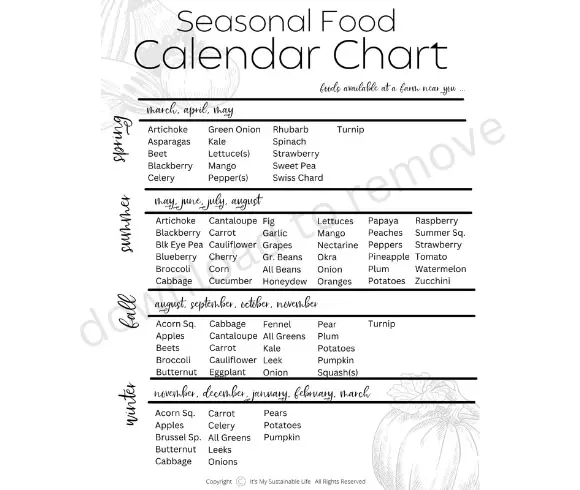 How To Eat Seasonally {A Guide To Seasonal Eating} image showing a black and white seasonal food calendar chart for all the seasons