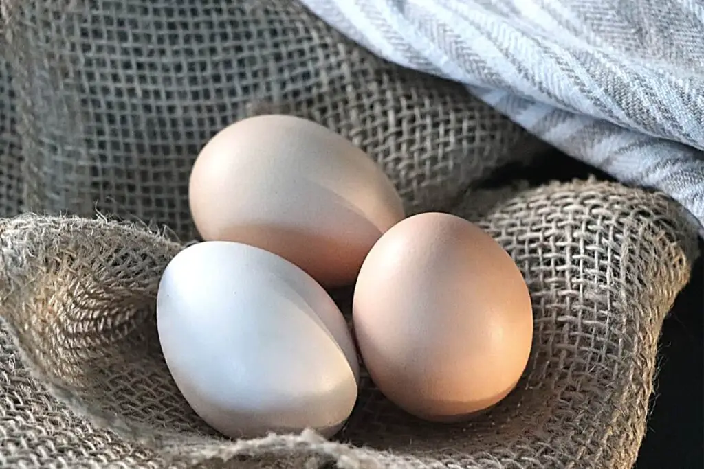 What Food Group Are Eggs In featured image showing 3 eggs resting on brown burlap cloth