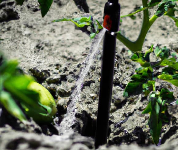 How Often To Water Tomato Plants image showing close up image of irrigation spout in garden with water coming out of it
