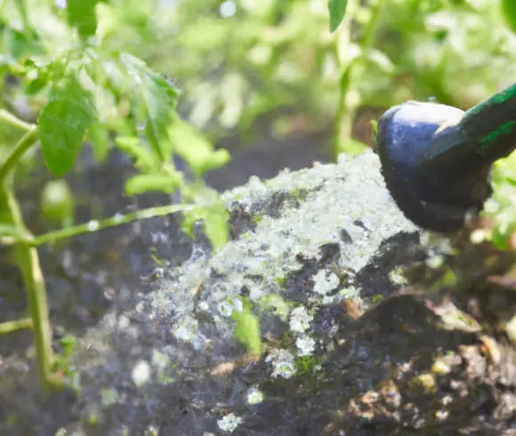 How Often To Water Tomato Plants image showing hose nozzle with spray of water coming out with blurred plants and garden in background all highlighted by sunlight